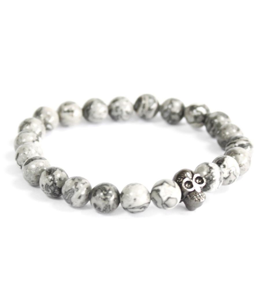 Calavera de peltre / ágata gris - Pulsera de piedras preciosas