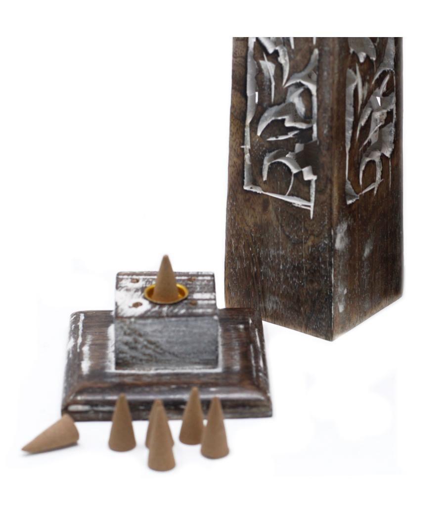 Tapered Incense Tower Washed Des2 - Mango Wood