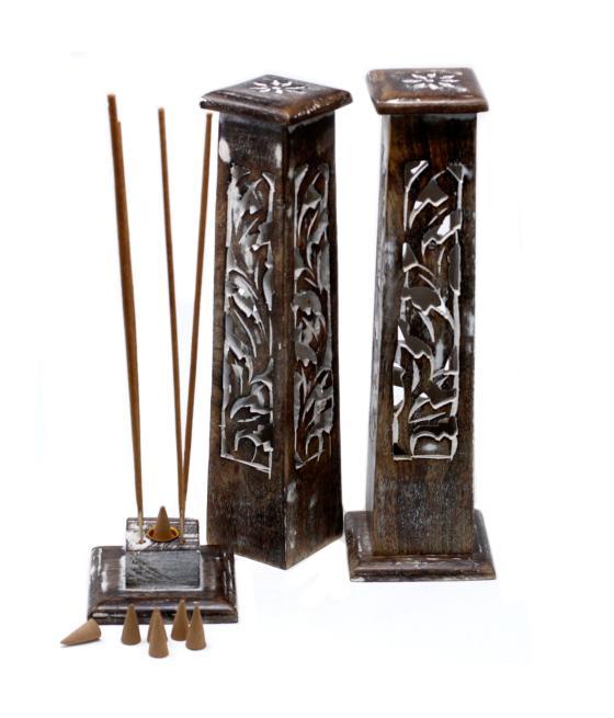 Tapered Incense Tower Washed Des2 - Mango Wood