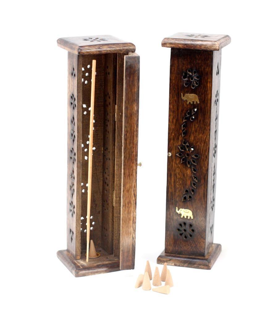 Square Incense Tower - Brass inlay - Mango Wood