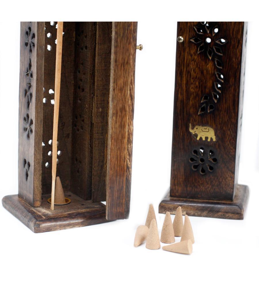 Square Incense Tower - Brass inlay - Mango Wood