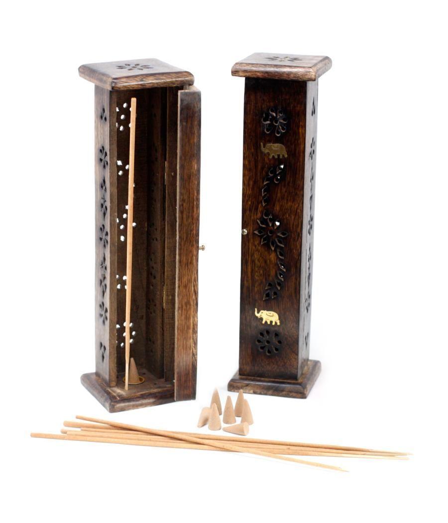 Square Incense Tower - Brass inlay - Mango Wood