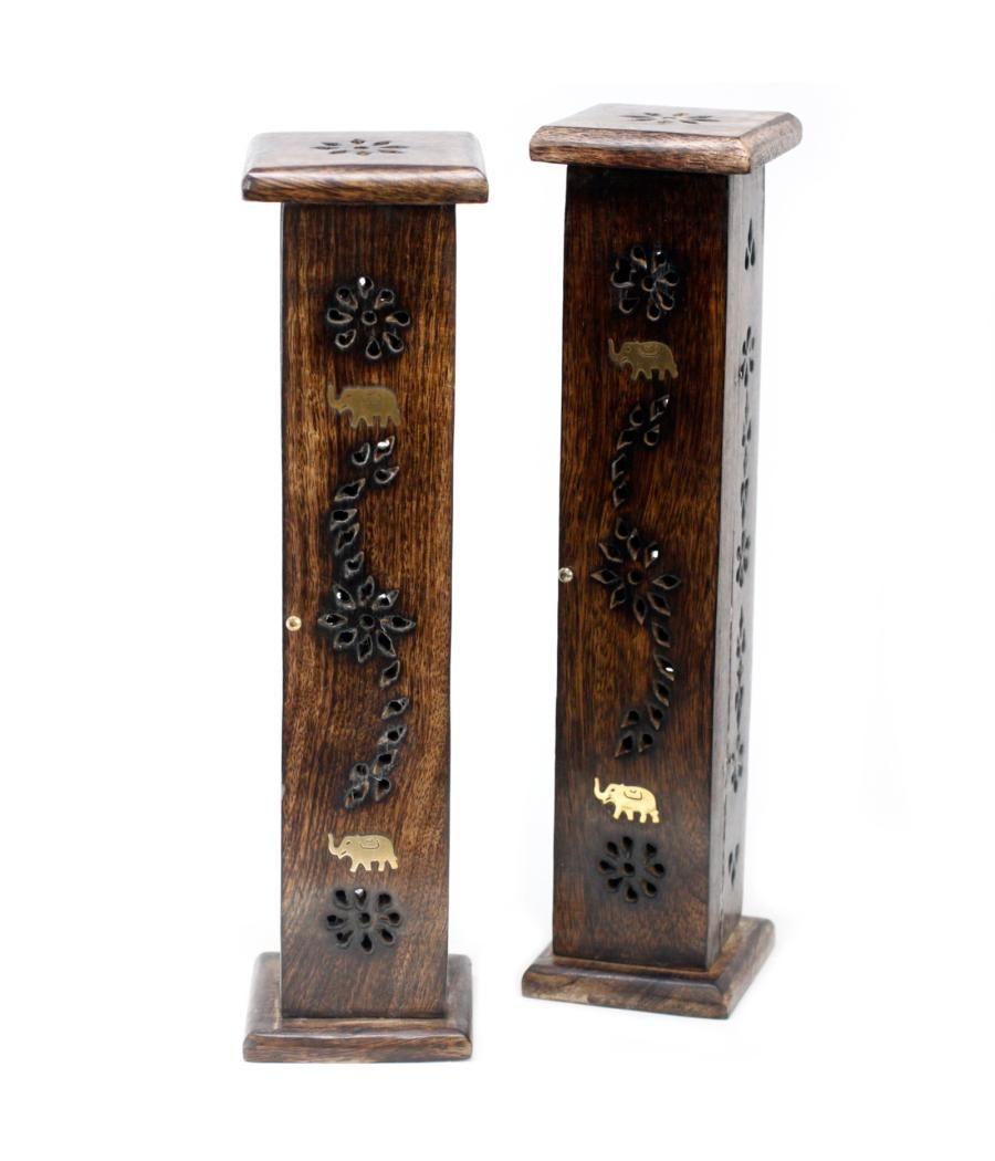 Square Incense Tower - Brass inlay - Mango Wood