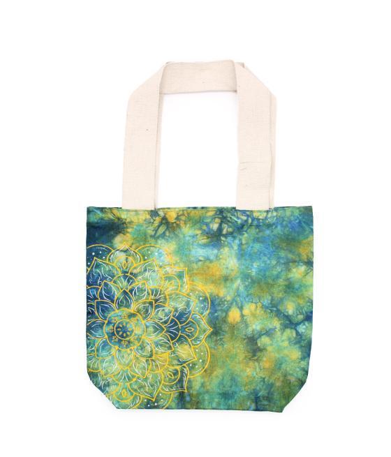 Bolsas de Algodón "Tie Dye" (170g) - 38x42x12cm - Mandala - Verde y Azul - Asa Natural