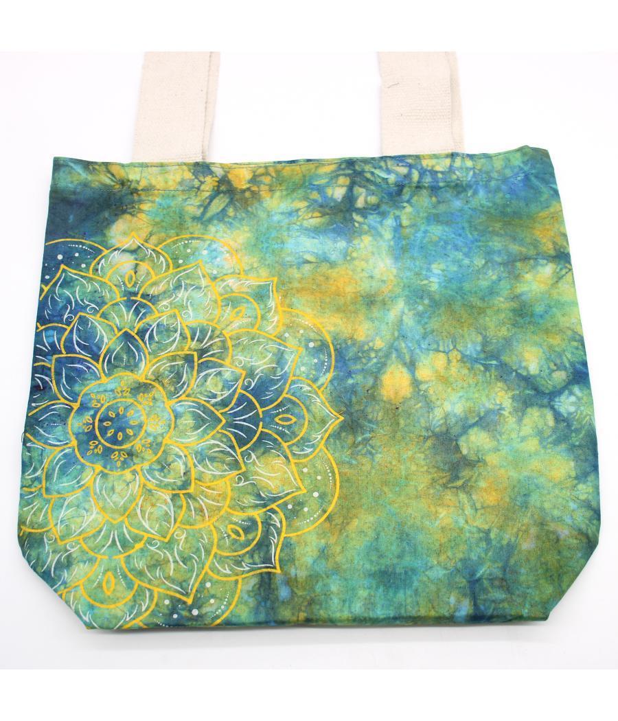 Bolsas de Algodón "Tie Dye" (170g) - 38x42x12cm - Mandala - Verde y Azul - Asa Natural