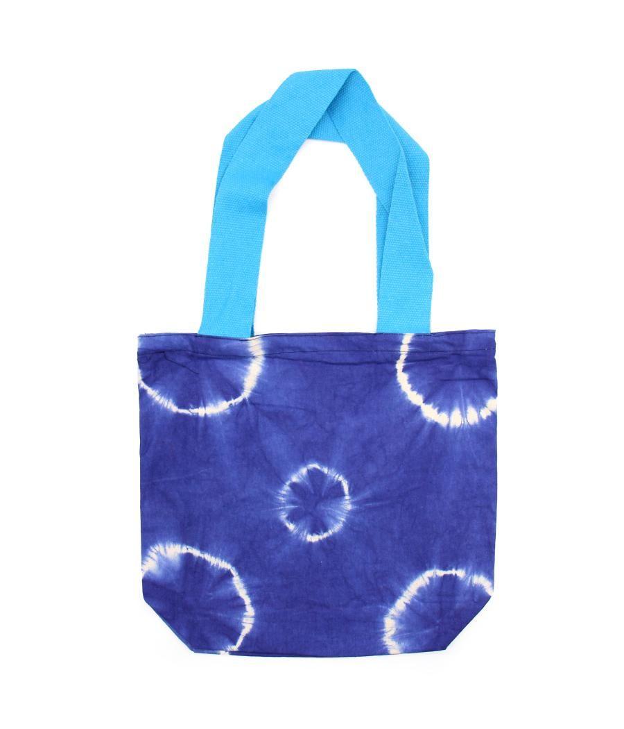 Bolsa de Algodon Natural con Diseño "Tie Dye" (220g)- 38x42x12cm - Anillos Azules- Asa Azul