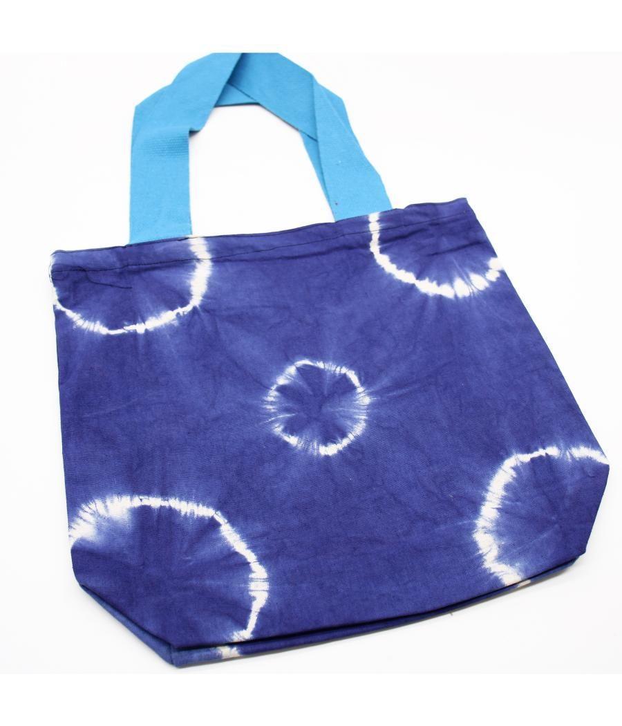 Bolsa de Algodon Natural con Diseño "Tie Dye" (220g)- 38x42x12cm - Anillos Azules- Asa Azul