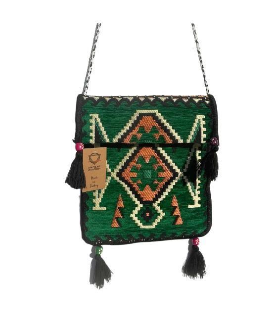 Bolso bandolera de fiesta Kilim verde esmeralda