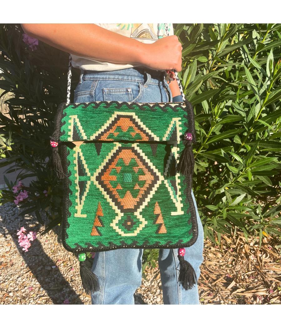 Bolso bandolera de fiesta Kilim verde esmeralda