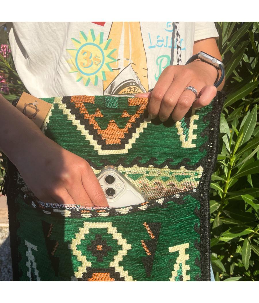 Bolso bandolera de fiesta Kilim verde esmeralda