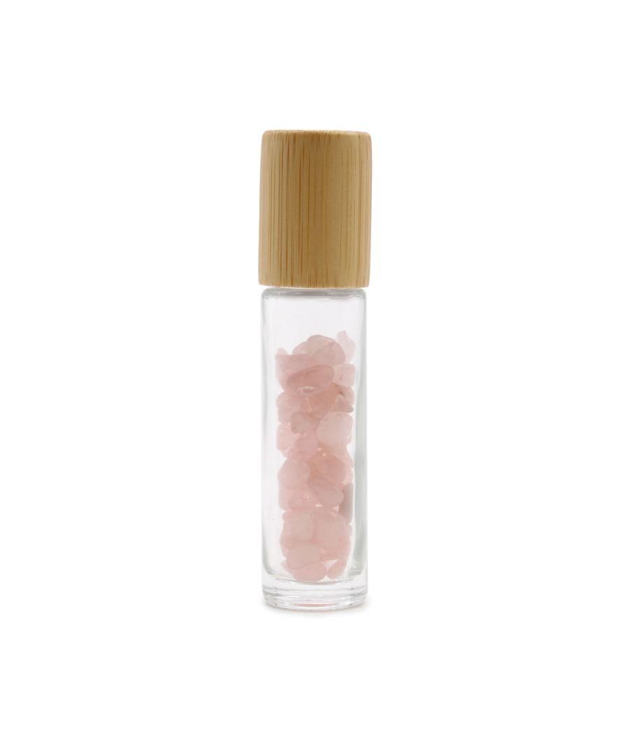 Botella de rodillo de aceite esencial de piedras preciosas - Cuarzo rosa - Tapa de madera