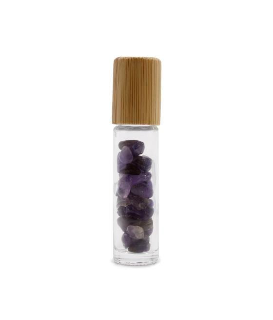 Botella de rodillo de aceite esencial de piedras preciosas - Amatista - Tapa de madera