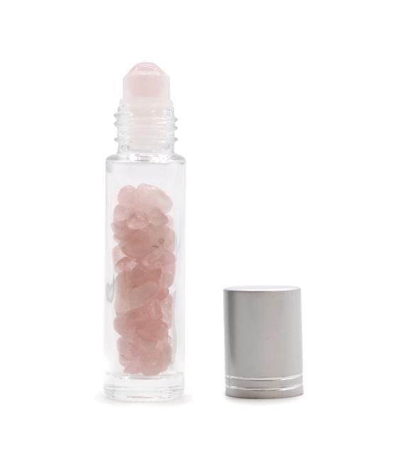 Botella de rodillo de aceite esencial de piedras preciosas - Cuarzo rosa - Tapa plateada