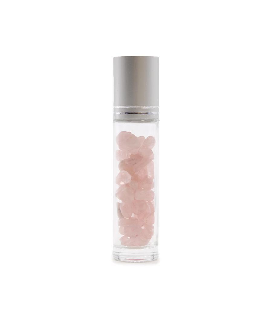 Botella de rodillo de aceite esencial de piedras preciosas - Cuarzo rosa - Tapa plateada