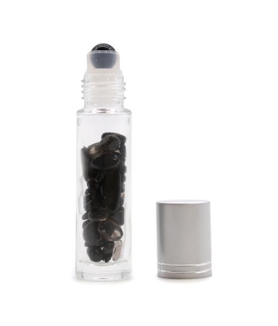 Botella de rodillo de aceite esencial de piedras preciosas - Turmalina negra - Tapa plateada