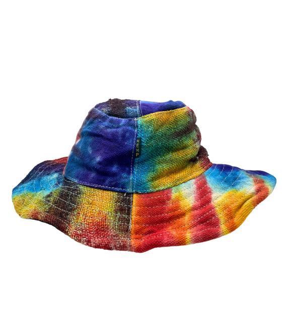 Sombrero de festival boho de cáñamo y algodón con parches y aros - Tiedye