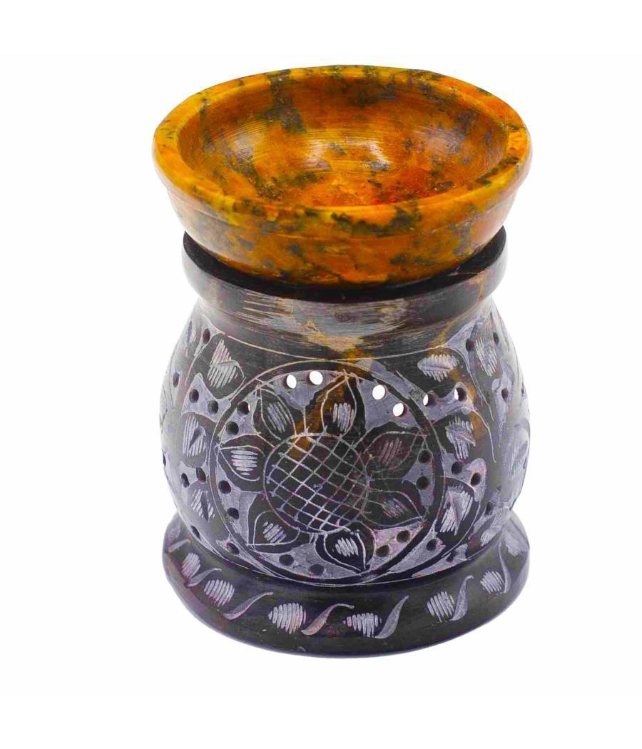 Quemador de aceite de esteatita 10 cm - Flor de mandala - Negro y amarillo