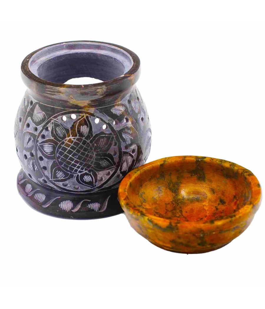 Quemador de aceite de esteatita 10 cm - Flor de mandala - Negro y amarillo