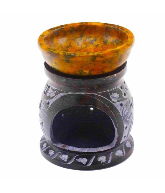 Quemador de aceite de esteatita 10 cm - Flor de mandala - Negro y amarillo