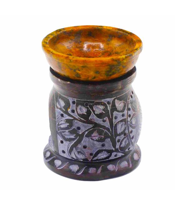 Quemador de aceite de esteatita 10 cm - Flor de mandala - Negro y amarillo