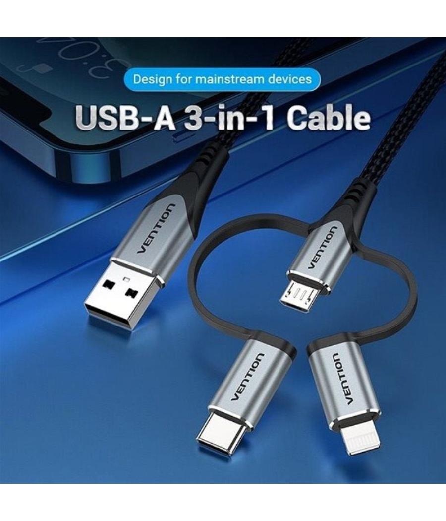 Cable usb tipo-c vention cqjhf/ usb macho/ usb tipo-c macho - microusb macho - lightning macho/ 1m/ gris