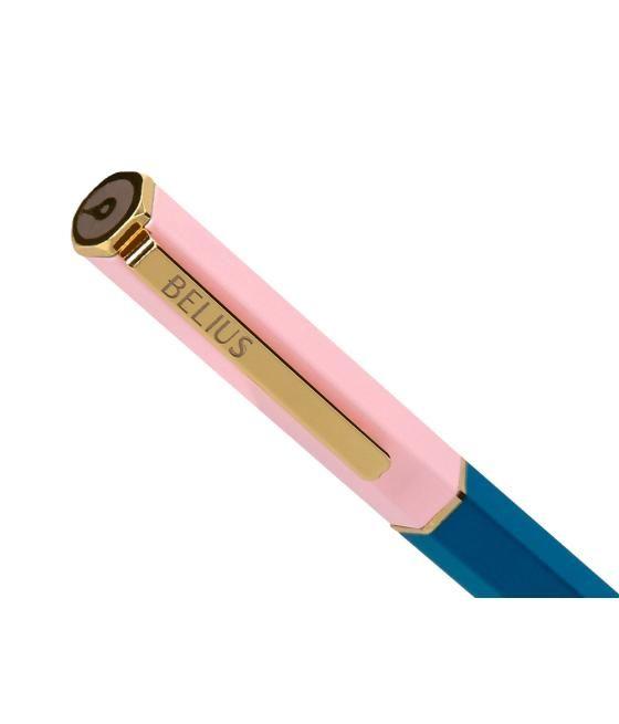 Bolígrafo belius macaron bliss diseño hexagonal color rosa/ azul y dorado tinta azul caja de diseño