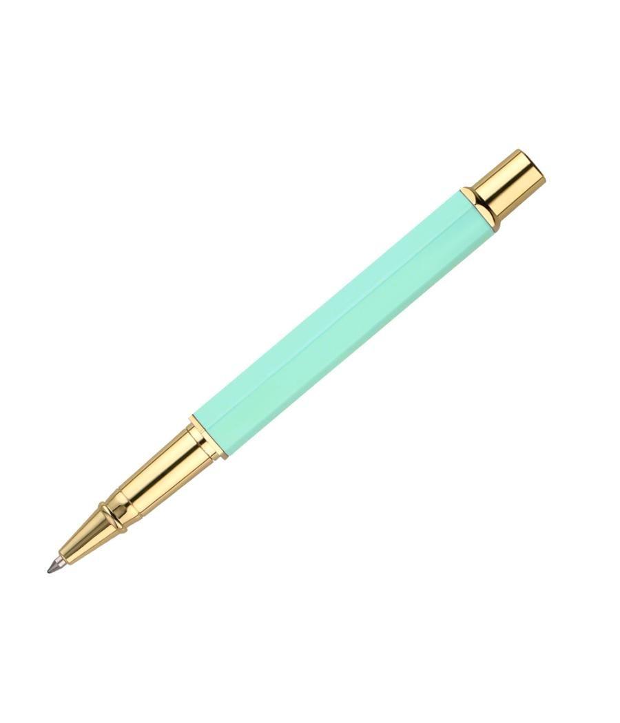 Bolígrafo belius macaron bliss diseño hexagonal color verde dorado tinta azul caja de diseño
