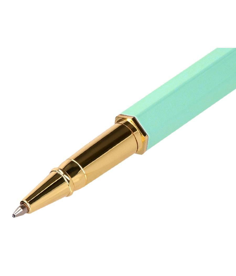 Bolígrafo belius macaron bliss diseño hexagonal color verde dorado tinta azul caja de diseño