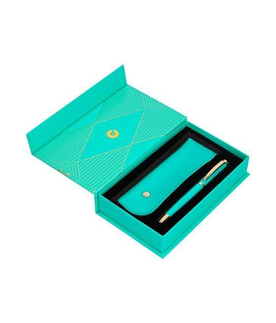 Pluma y estuche belius soiree color art deco turquesa dorado tinta azul caja de diseño