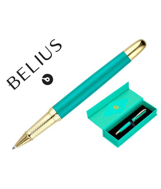 Bolígrafo belius soiree aluminio color art deco turquesa y dorado tinta azul caja de diseño