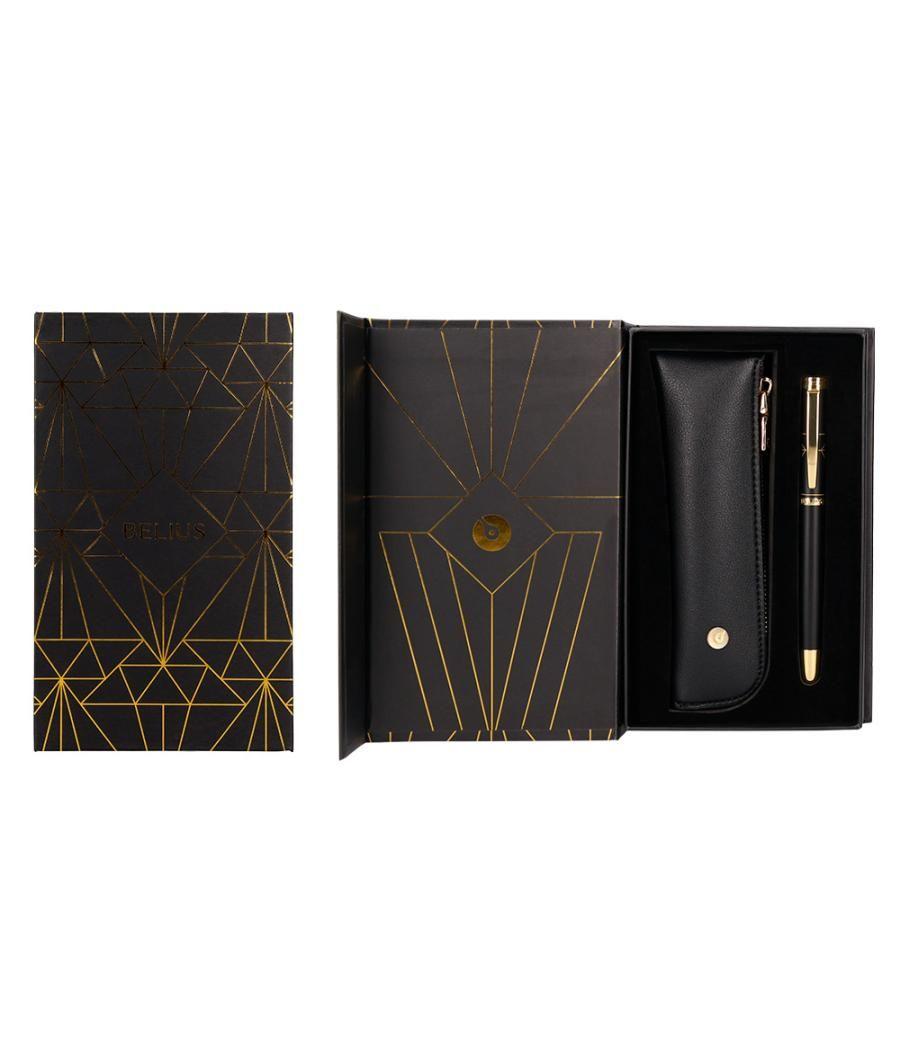 Pluma y estuche belius soiree color art deco negro y dorado tinta azul caja de diseño