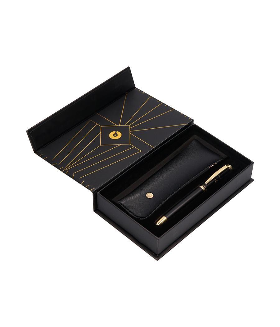 Pluma y estuche belius soiree color art deco negro y dorado tinta azul caja de diseño