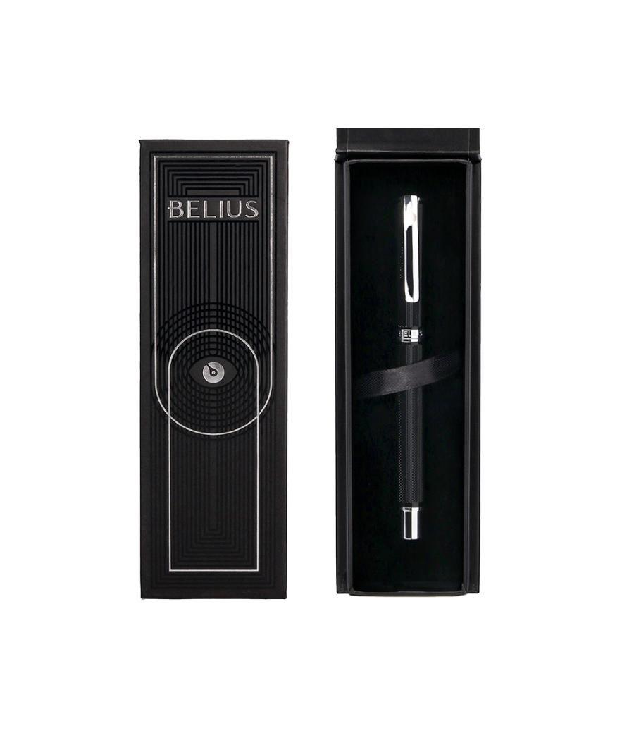 Bolígrafo belius turbo aluminio textura punteada color negro y plateado tinta azul caja de diseño