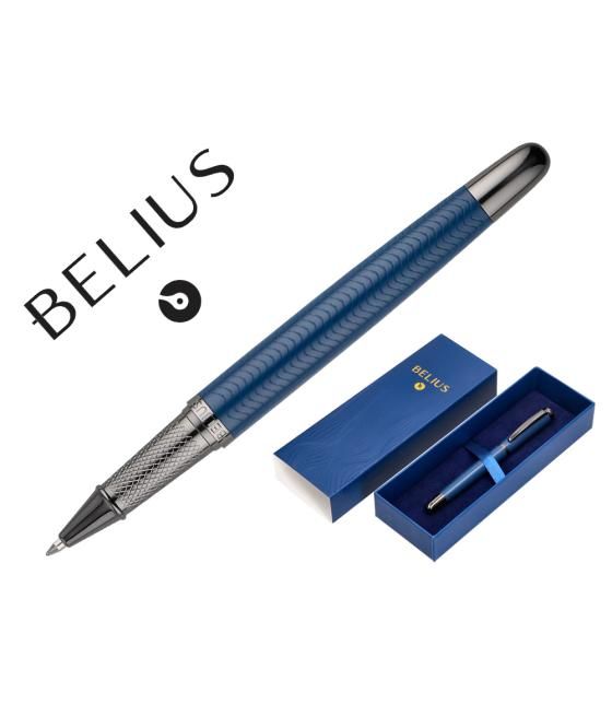 Bolígrafo belius neptuno aluminio textura wavy color azul marino tinta azul caja de diseño