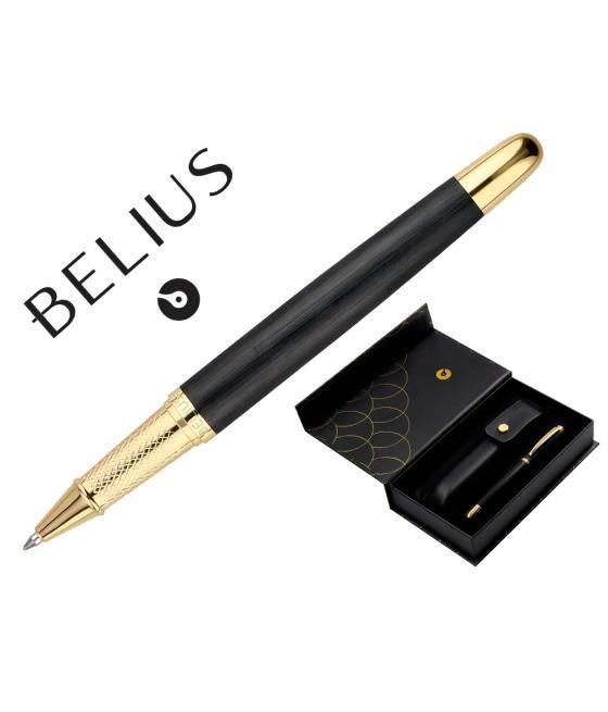 Bolígrafo y estuche belius passion dor aluminio textura cepillada color negro y dorado tinta azul caja diseño