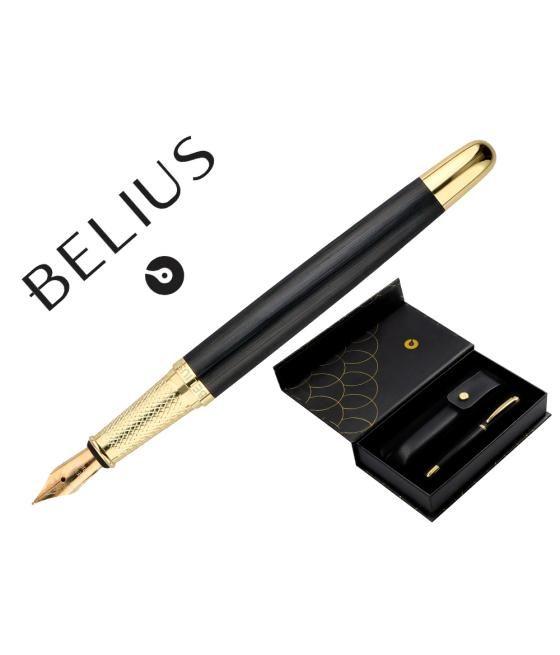 Pluma y estuche cuero belius passion dor aluminio textura cepillada color negro y dorado tinta azul caja diseño