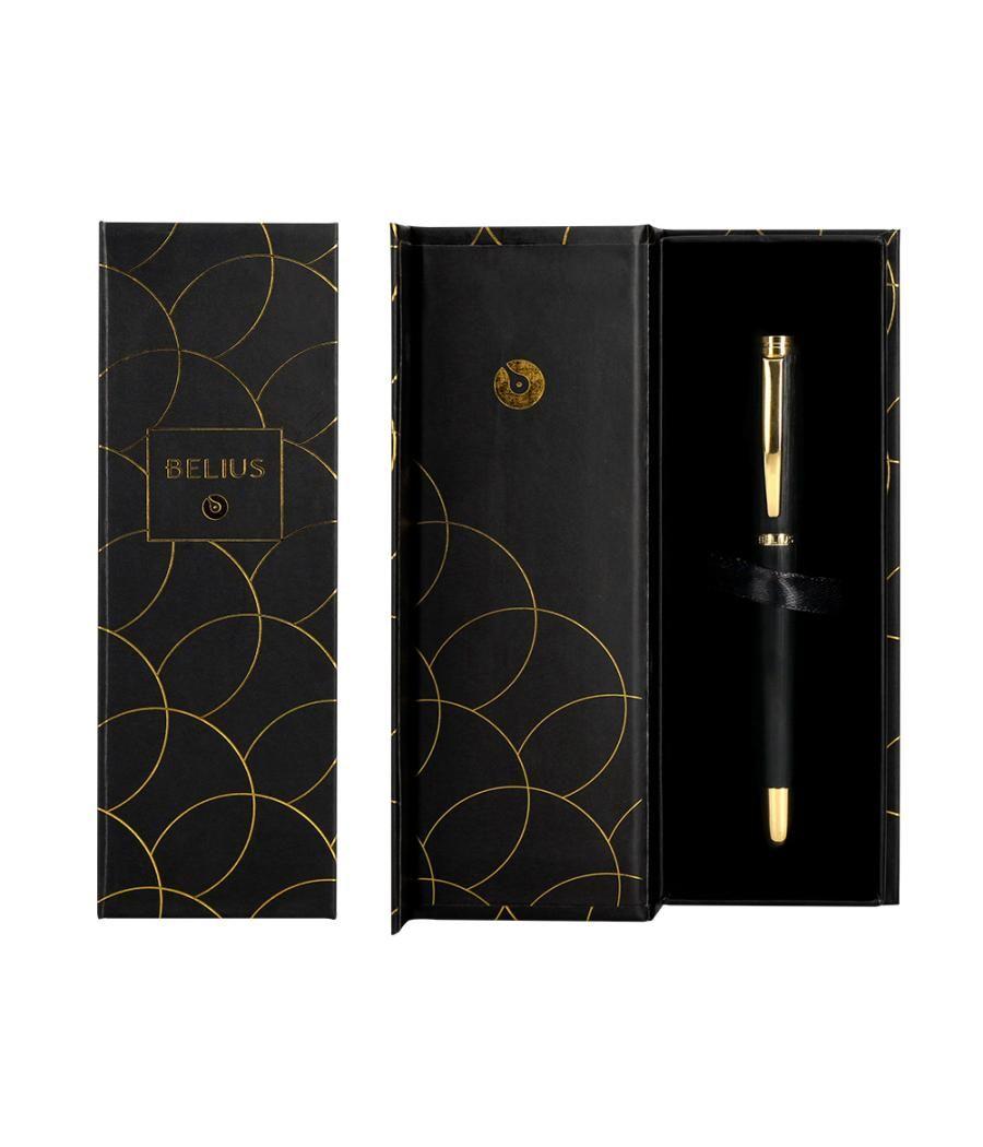 Bolígrafo belius passion dor aluminio textura cepillada color negro y dorado tinta azul caja de diseño