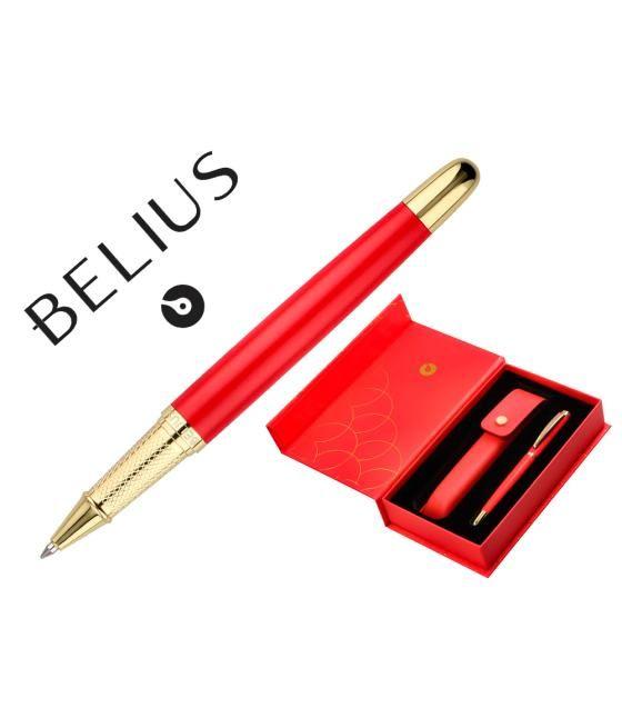 Bolígrafo y estuche belius passion dor aluminio textura cepillada color rojo y dorado tinta azul caja de diseño