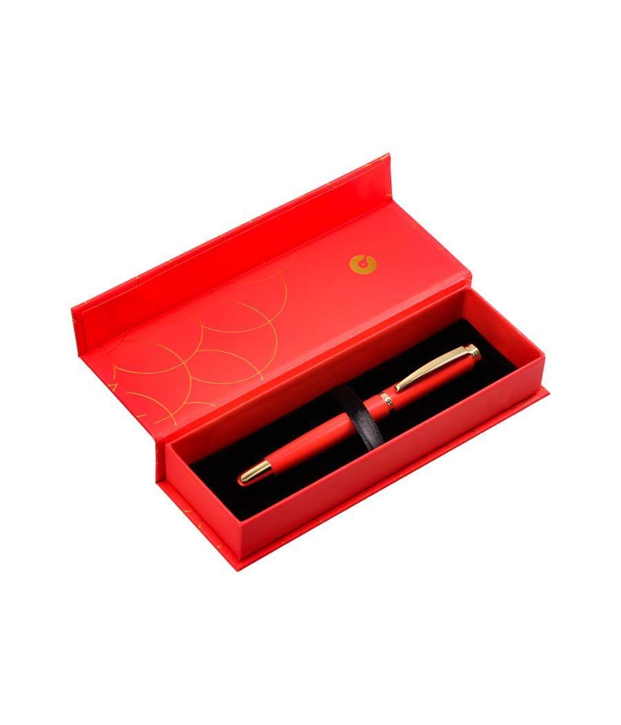 Bolígrafo belius passion dor aluminio textura cepillada color rojo y dorado tinta azul caja de diseño
