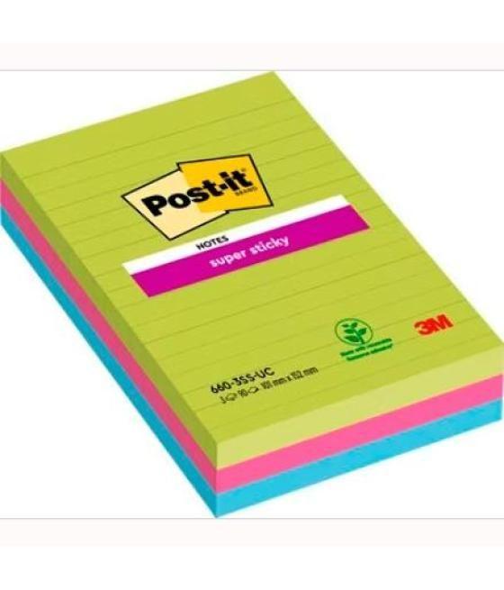 Post-it bloc notas adhesivas super sticky con líneas 90h formato grande 102x152 c/surtidos paquete 3 ud
