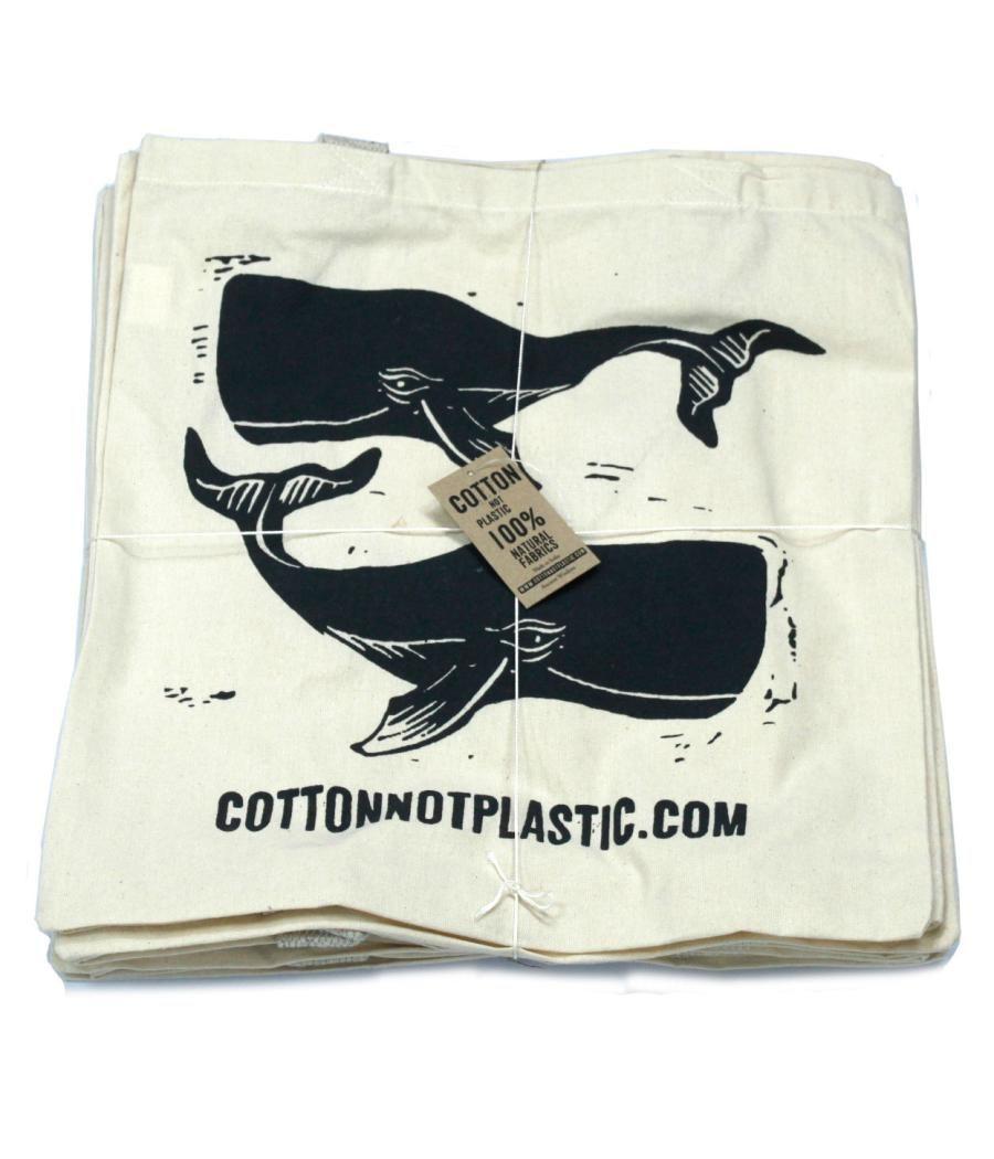 Lrg Natural 6oz Cotton Bag 38x42cm - WHALES