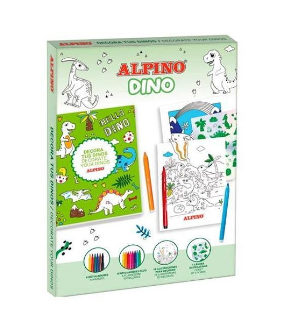 Alpino set creativo decor dino 14 rotuladores + 18 ilustraciones + pegatinas