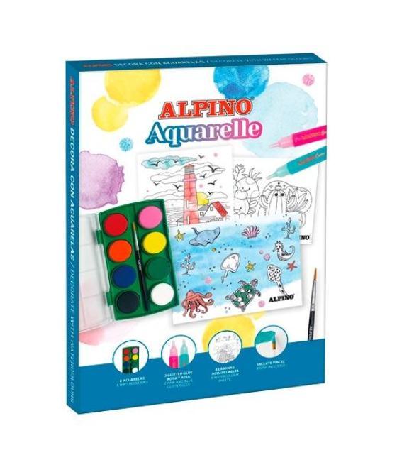 Alpino set creativo decor aquarelle 6 acuarelas + 8 láminas + 2 glitter glue