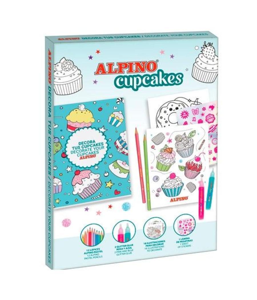 Alpino set creativo decor cupcakes 12 lápices + 18 ilustraciones + pegatinas + 2 glitter glue