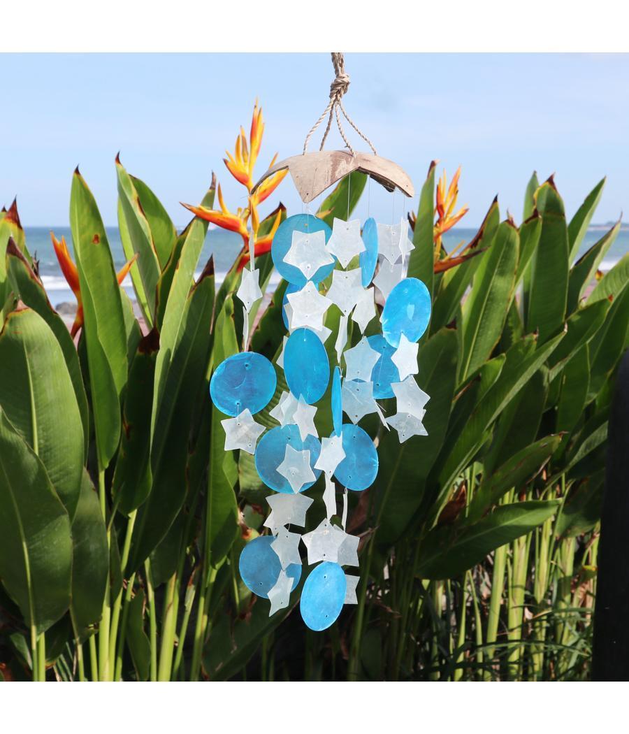 Campanas de viento de coco y capiz - Estrellas azules y blancas - 30 cm