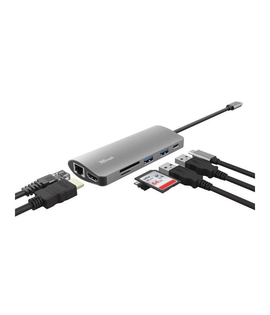 Hub USB 2.0 Tipo-C Trust Dalyx/ 2 Puertos USB/ 1 Puerto USB Tipo-C/ 1 HDMI/ 1 RJ45/ 1 Lector Tarjetas SD y microSD/ Gris - Image