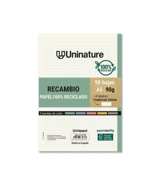 Recambio reciclado a5 90 hojas 90gr cuadricula 5x5 mm con taladros 5 bandas color uninature 53393500