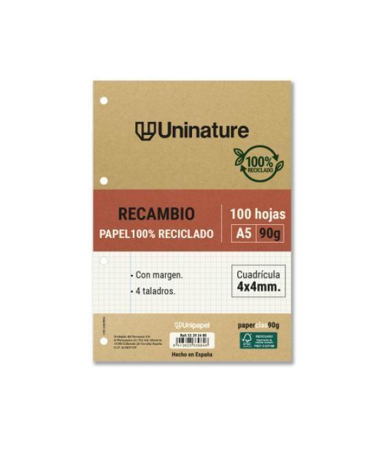 Recambio reciclado a5 100 hojas 90gr cuadricula 4x4 mm con taladros uninature 53393400