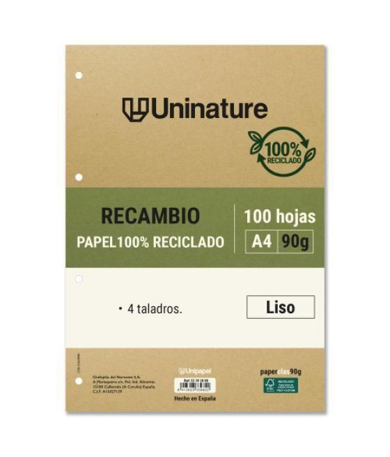 Recambio reciclado a4 100 hojas 90gr liso con taladros uninature 53392800