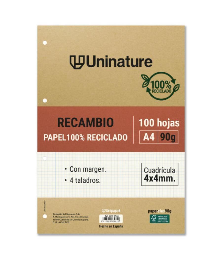 Recambio reciclado a4 100 hojas 90gr cuadricula 4x4 mm con taladros uninature 53392700